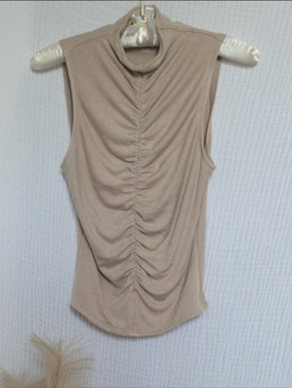 Entro Beige Ruched Mock Neck Sleeveless Tank